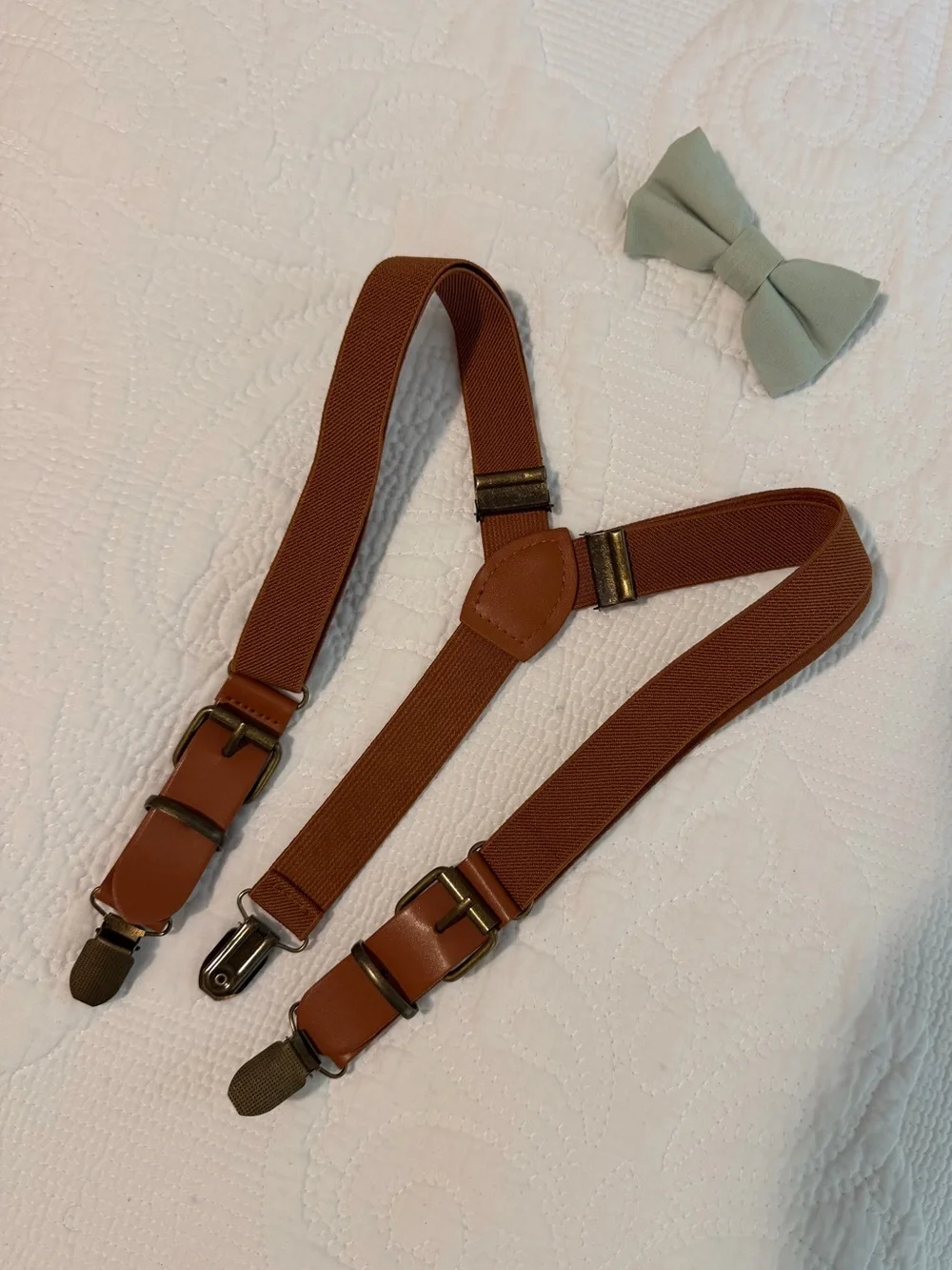 Boys Sage Bow Tie and Brown Suspenders